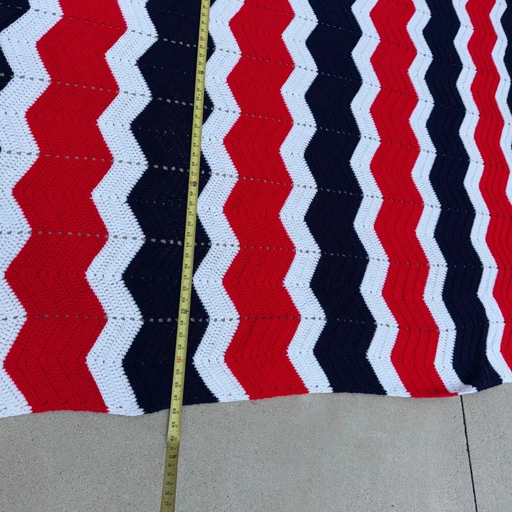 Handmade Crochet Afghan Blanket Red White Blue Chevron Ripple Throw 70x84 Large